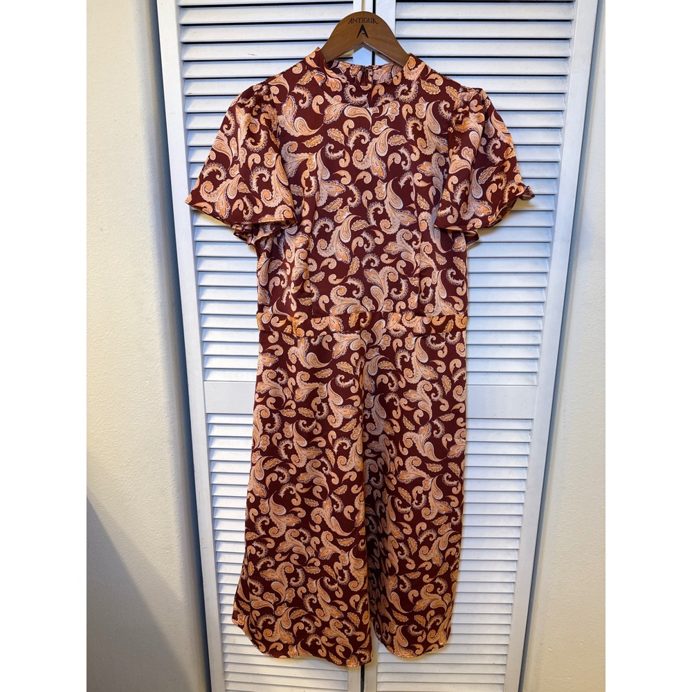Ann Taylor Factory Petite Paisley Midi Dress Burgundy Orange Flutter Sleeve 10P
